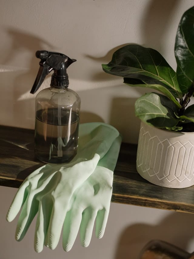 Gants et produit ménager.